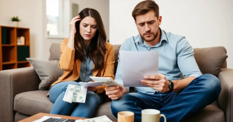 A couple sitting at a table, discussing finances with a laptop open, surrounded by paperwork and a calculator, symbolizing teamwork in managing financial challenges in marriage.